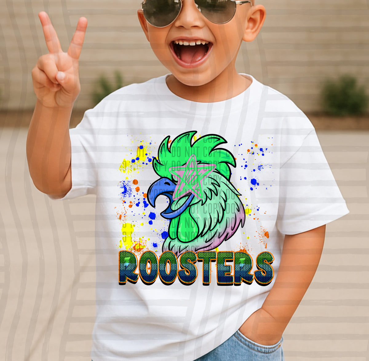 roosters paint splatter boy blue green and yellow (Caplinger) DTF Transfer