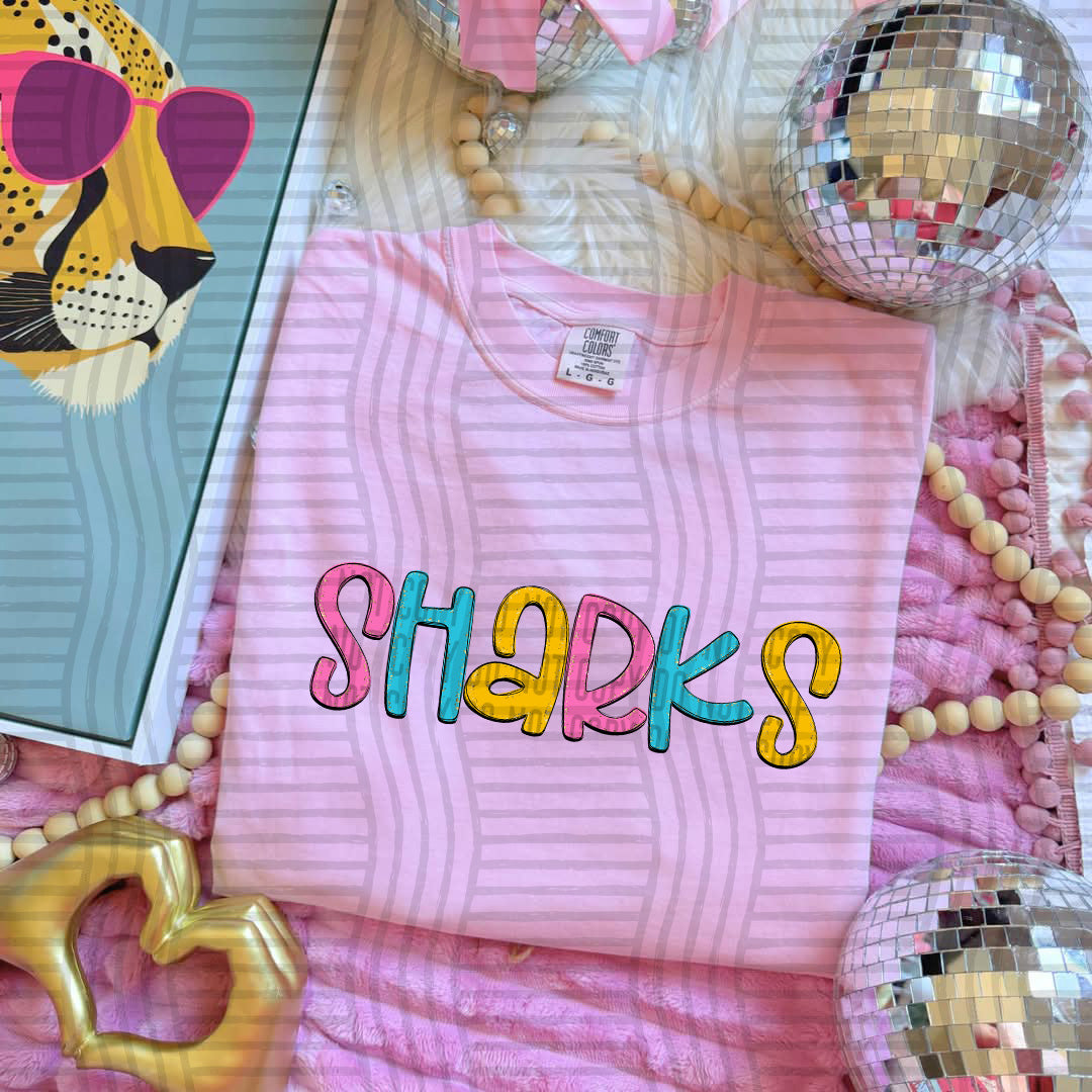blue yellow and pink sharks stacked (Caplinger) DTF Transfer
