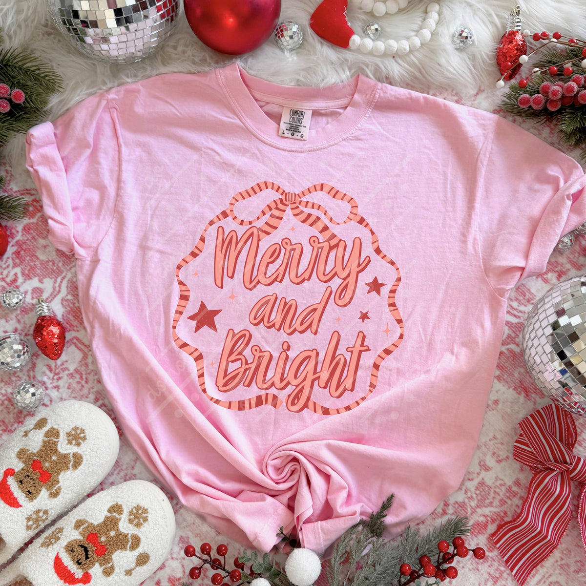 Merry and bright stripe bow frame (scarlow) DTF transfer