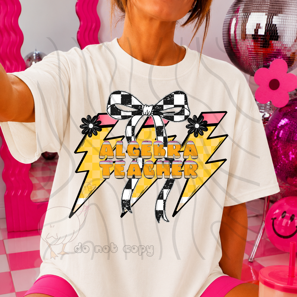algebra teacher 74 lightening bolt black/white bow occupation (dkdbk) DTF transfer