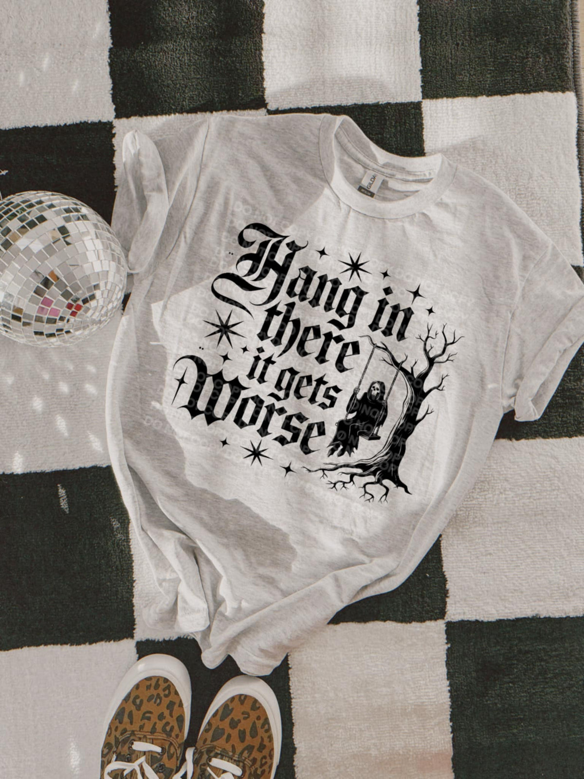 Hang In There it Gets Worse skeleton on swing SCG DTF transfer