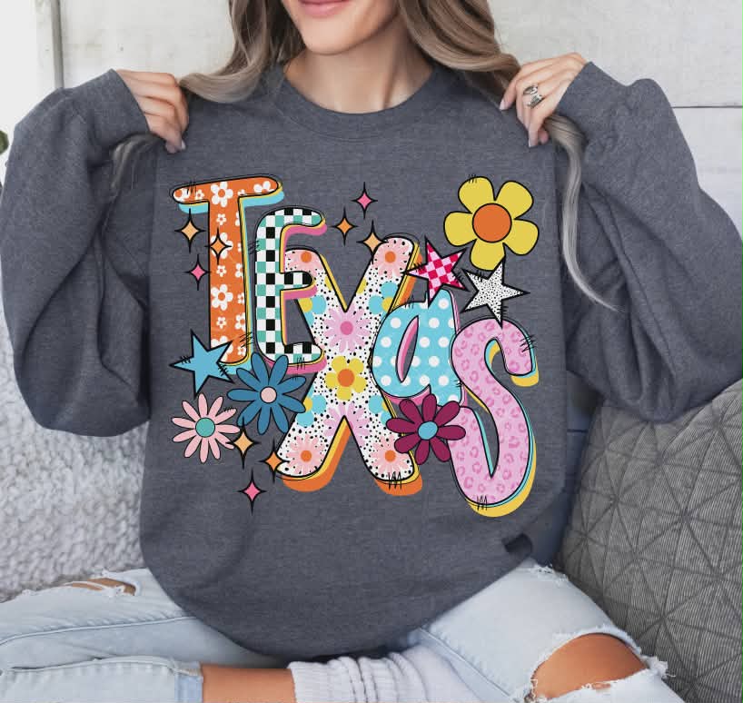 Texas colorful stars and flowers (S&G) DTF Transfer