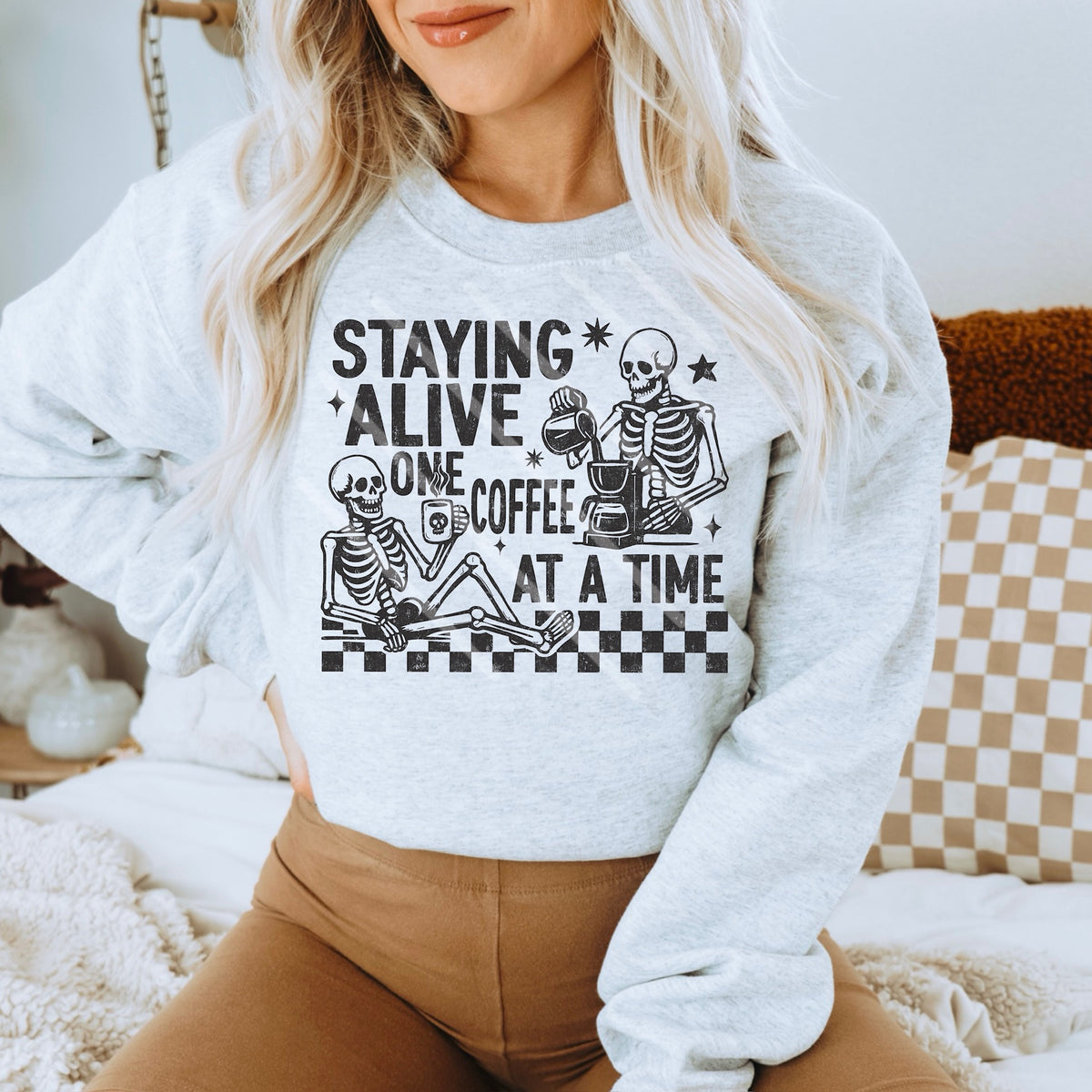 Staying Alive One Coffee at a time skeleton BLACK scarlow 110351 DTF transfer