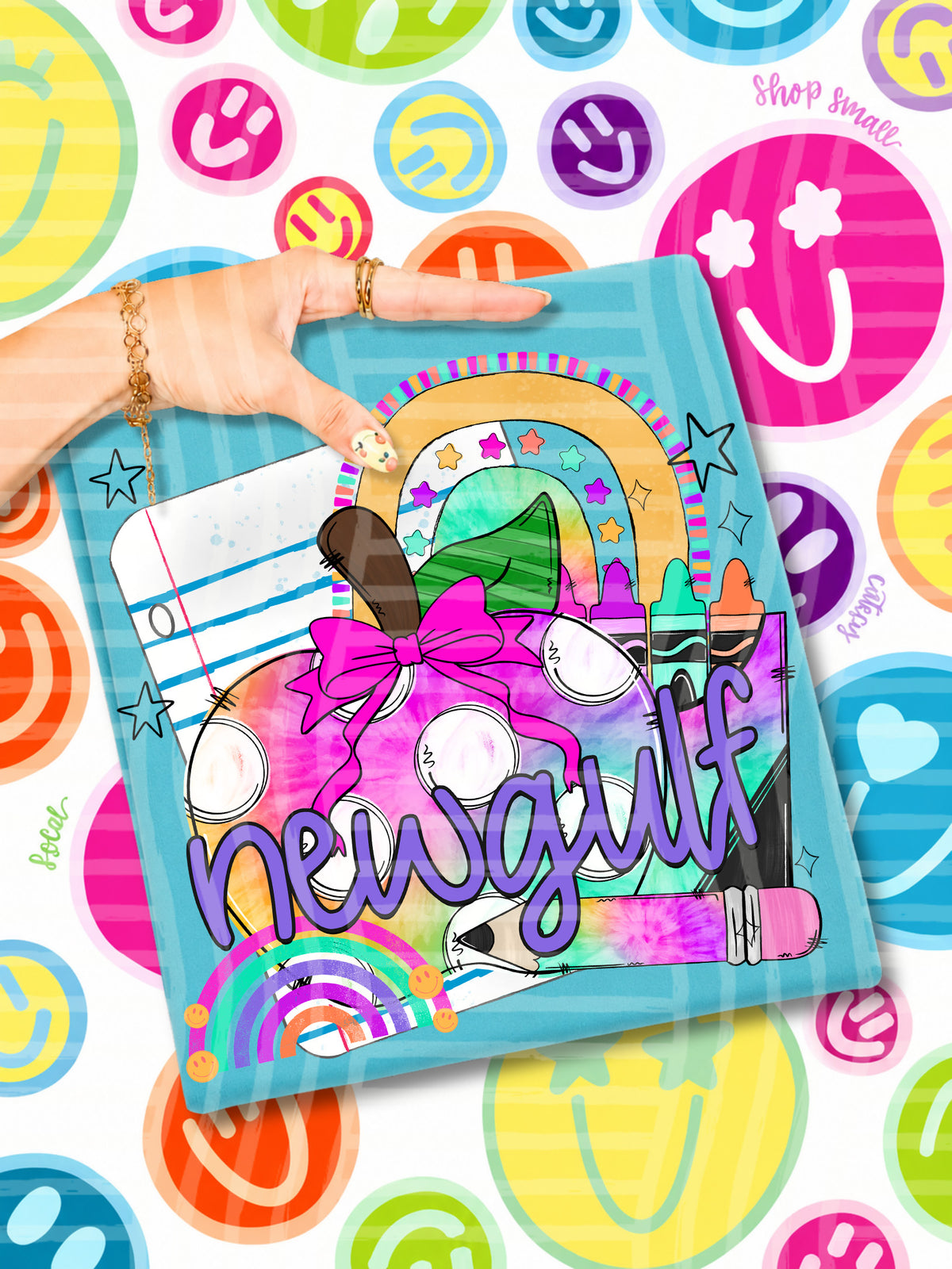 new gulf tie dye apple with white dots and school stuff (CAPLINGER) DTF Transfer