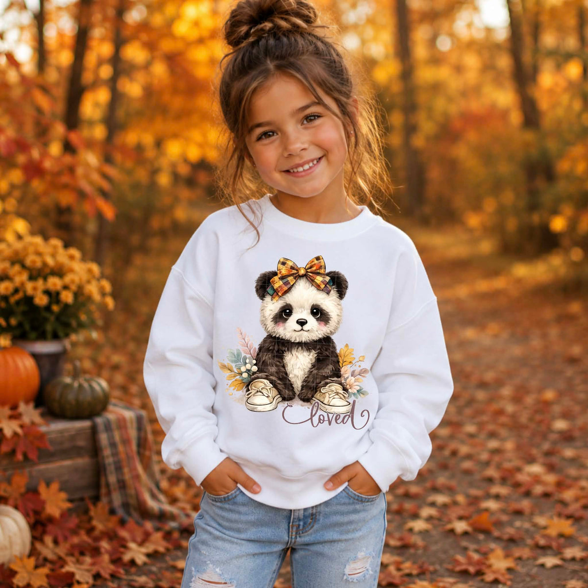 Loved fall panda with fall bow and shoes (SDD) DTF Transfer