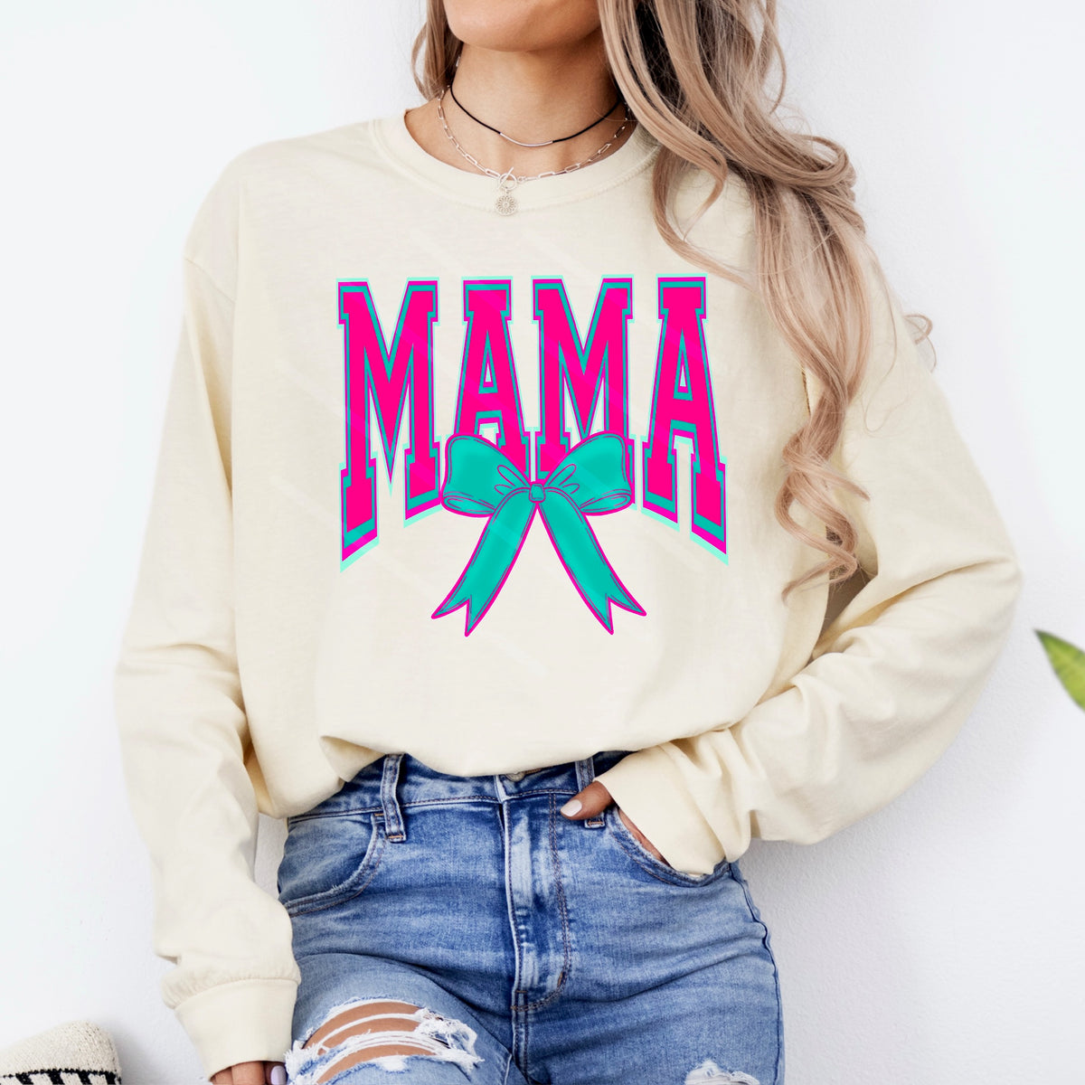 Mama Pink and Teal Bow (county line) 111076 DTF transfer