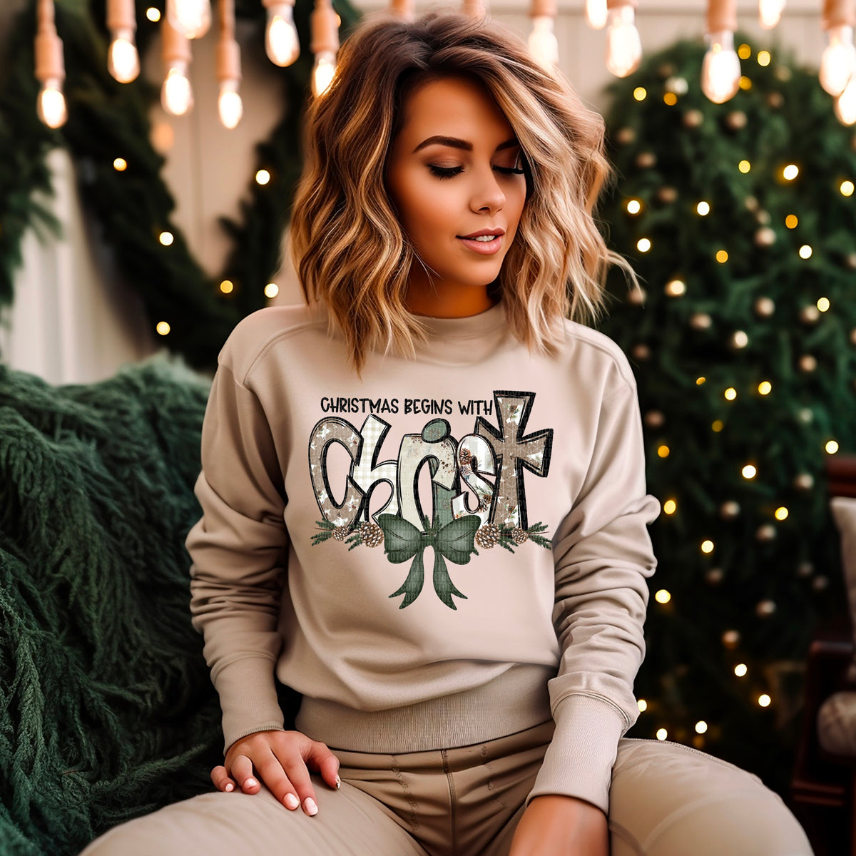 Christmas begins with Christ green bow (SDD) 67441 DTF transfer