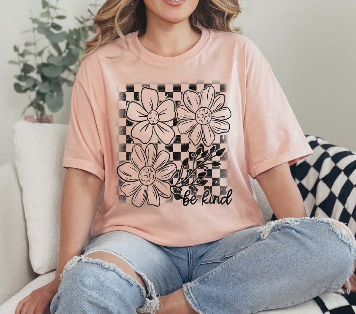 Be Kind flowers and checker BLACK (LINDA) DTF Transfer