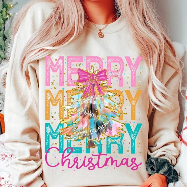 Merry Christmas stacked pink yellow and blue 64818 DTF transfer