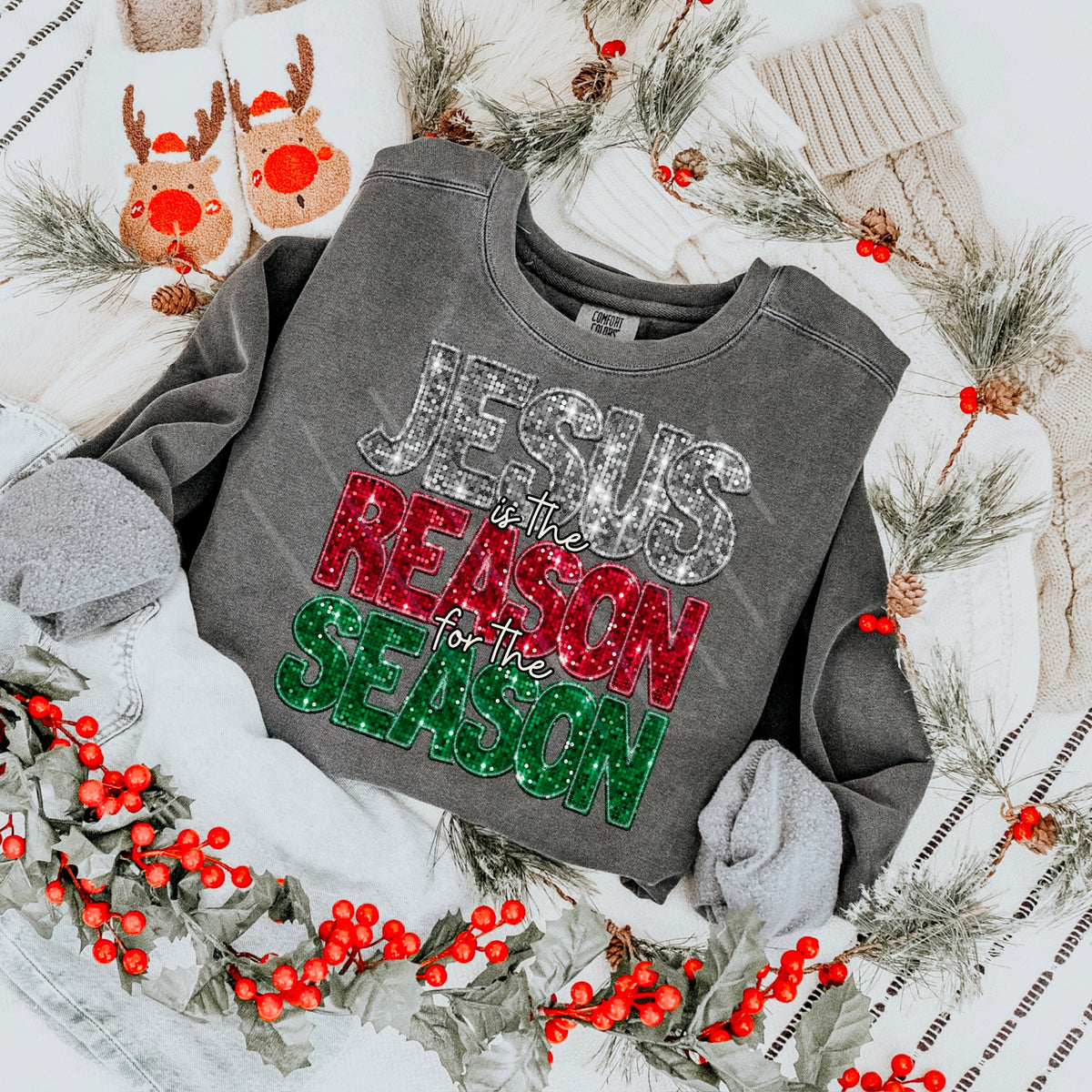 Jesus Is the Reason Faux Sequins RED GREEN SILVER 111589 DTF transfer