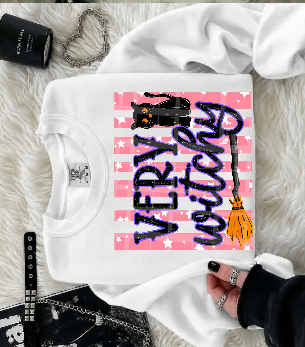 Very witchy purple lettering pink stripe background  (Linda) DTF Transfer