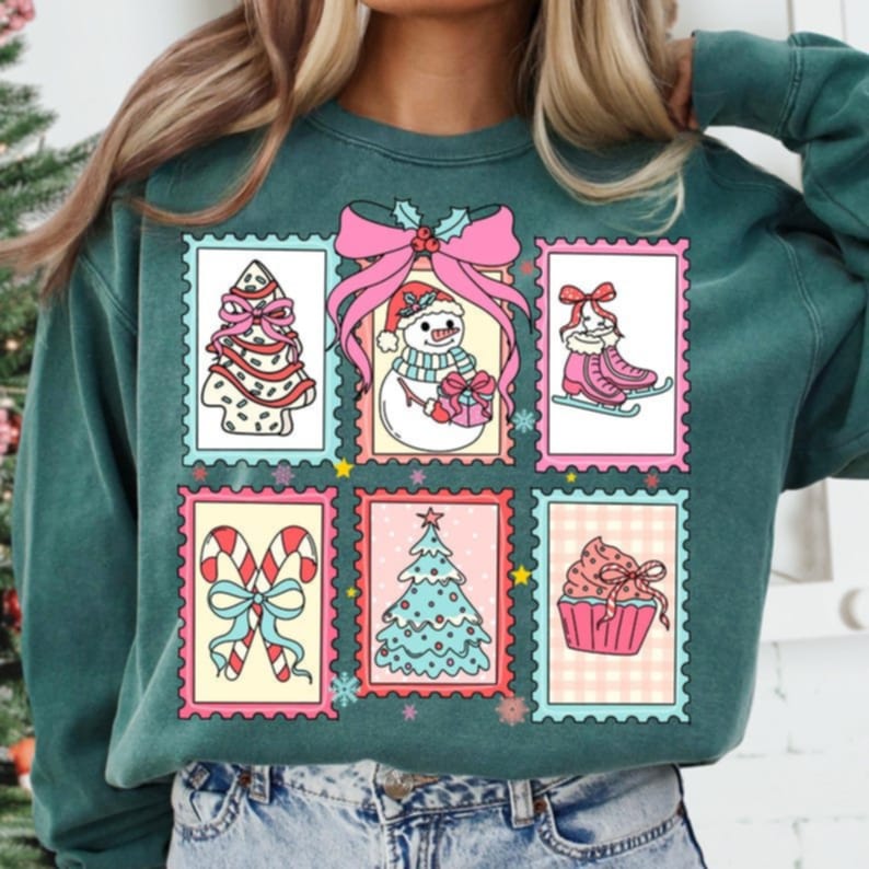 Pink Blue and Red Snowman Christmas Stamps DTF transfer