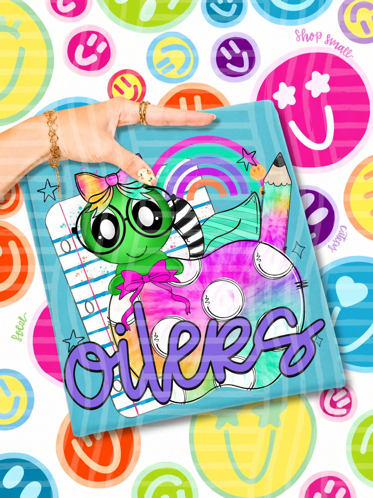 oilers tie dye apple with white dots & green bug (CAPLINGER) DTF Transfer