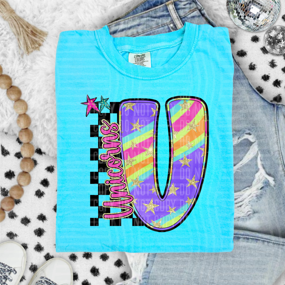 Unicorns Colorful Retro Rainbow Letter U With Stars And Checker 108161 DTF transfer