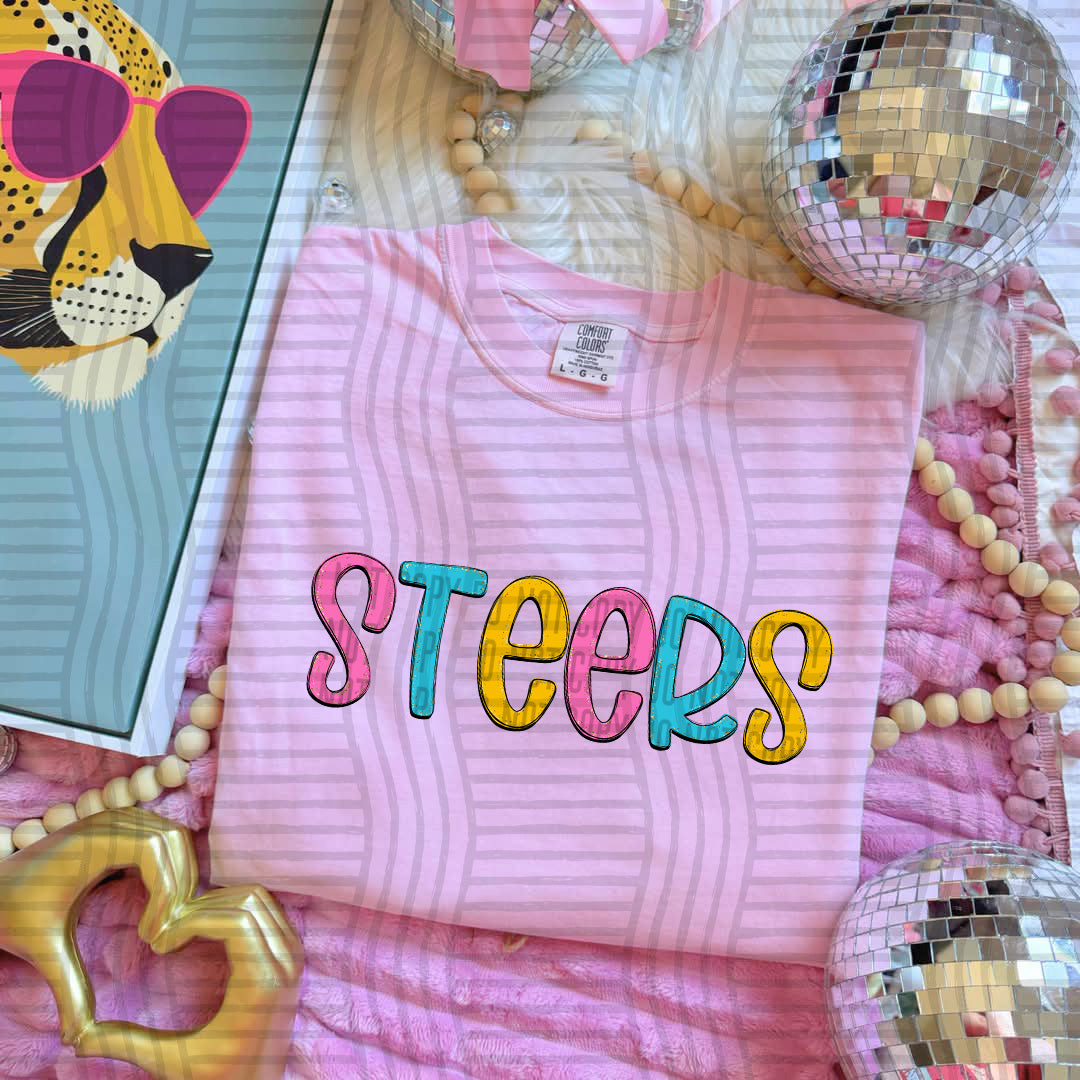 blue yellow and pink steers stacked (Caplinger) DTF Transfer