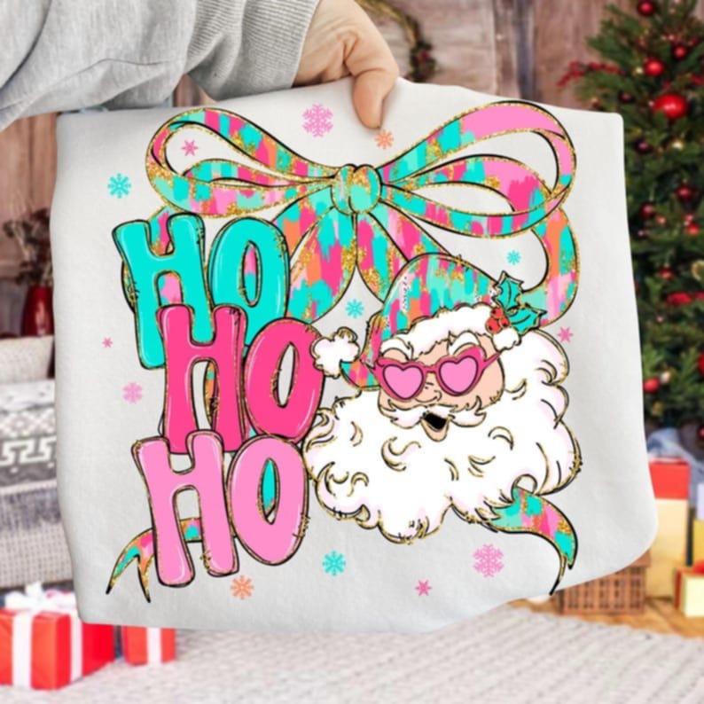 Ho Ho Ho pink and teal Santa and bow DTF transfer