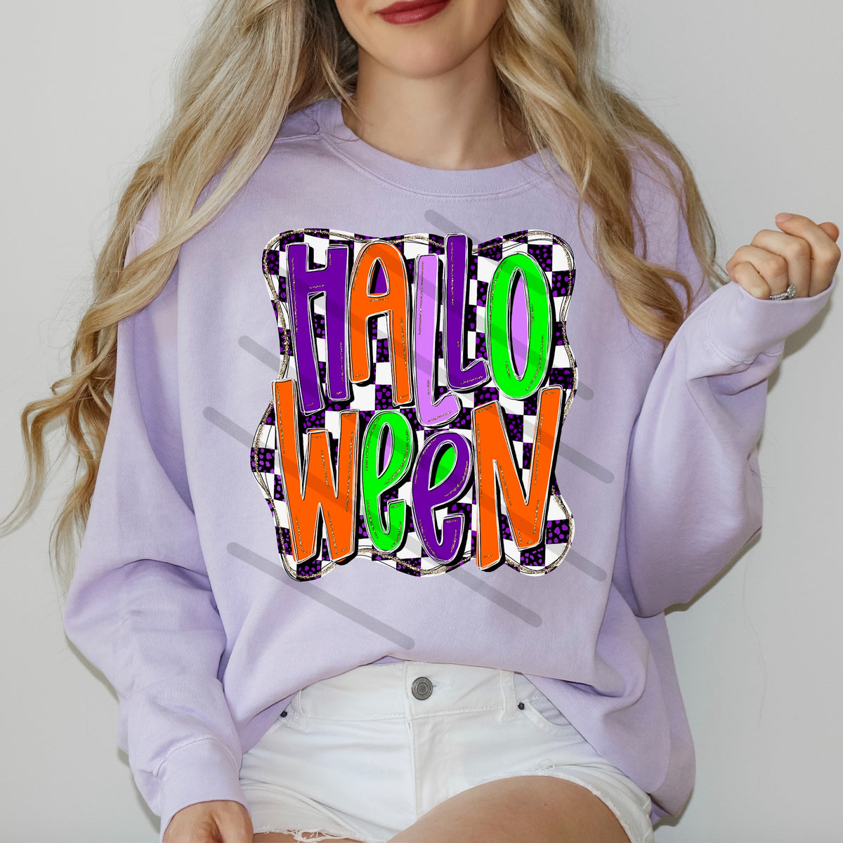Halloween purple orange green checker background DTF Transfer
