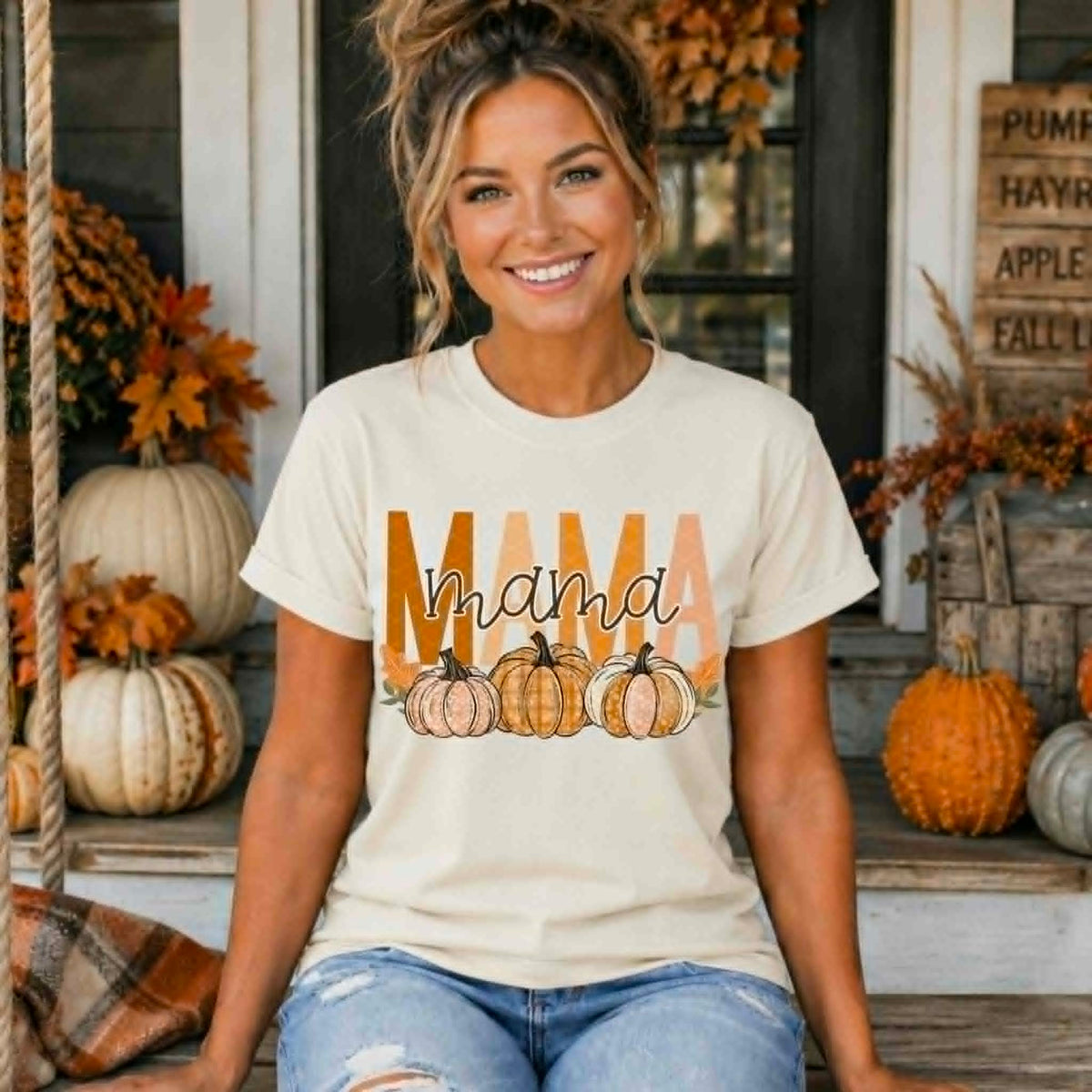 Mama with trios pumpkins fall (SDD) DTF Transfer