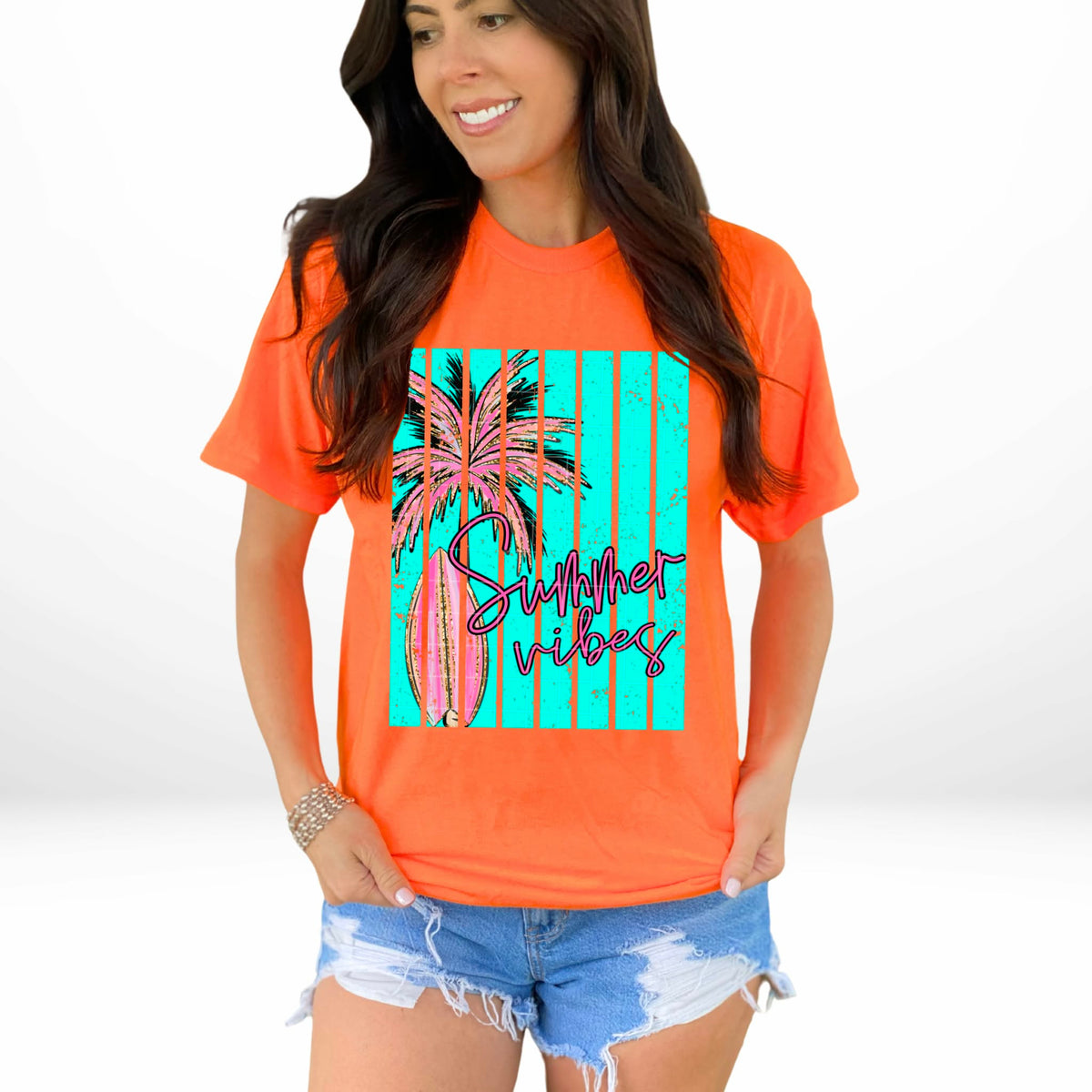 Summer vibes pink palm tree blue stripes (SDD) DTF Transfer