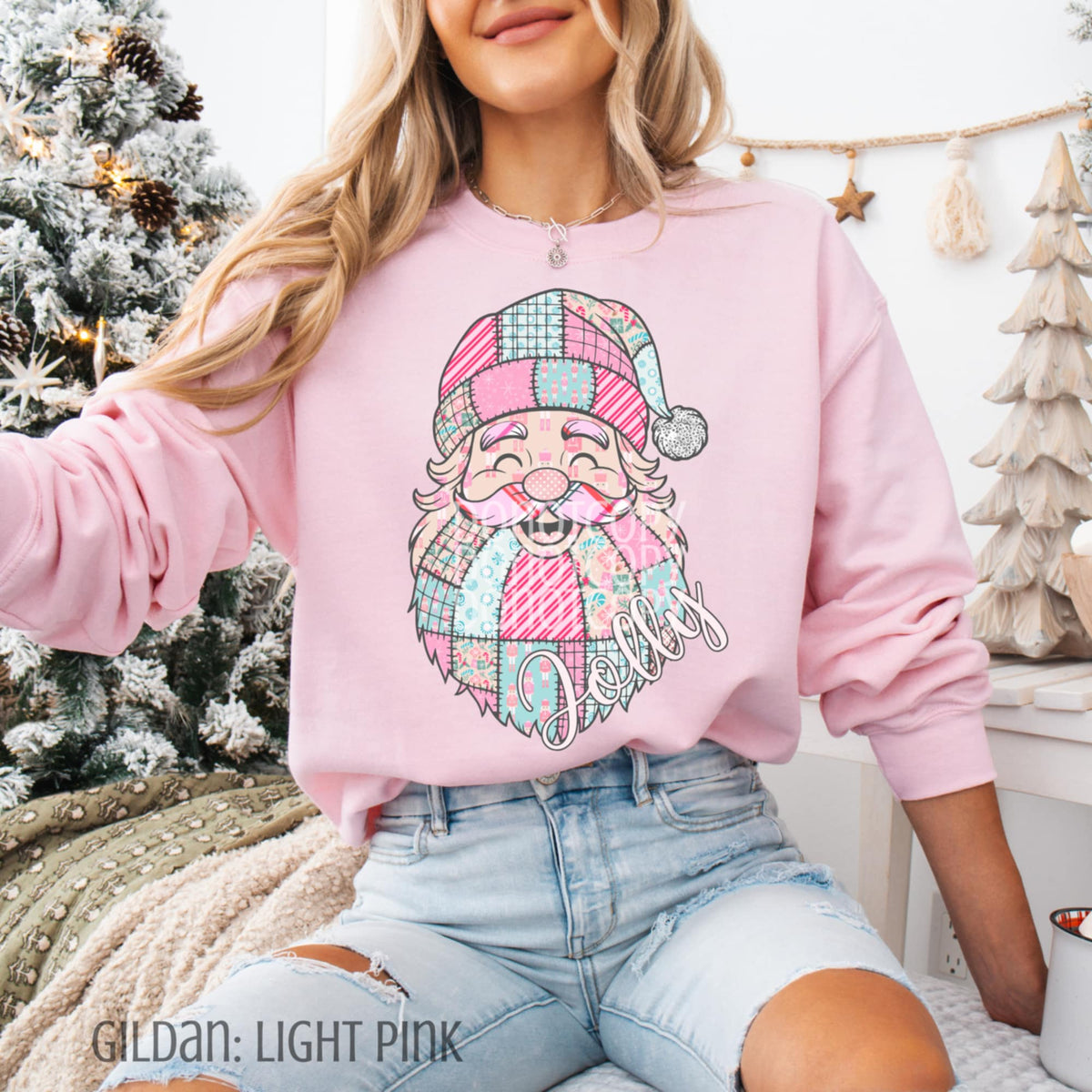 Pink and Blue Patchwork Santa CSG DTF Transfer