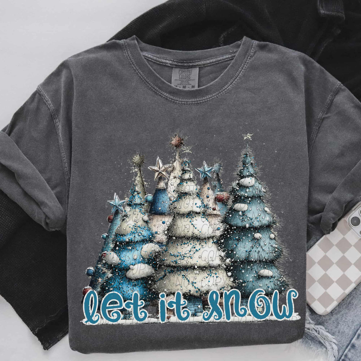 Let it snow trees (cursive) (city) DTF transfer