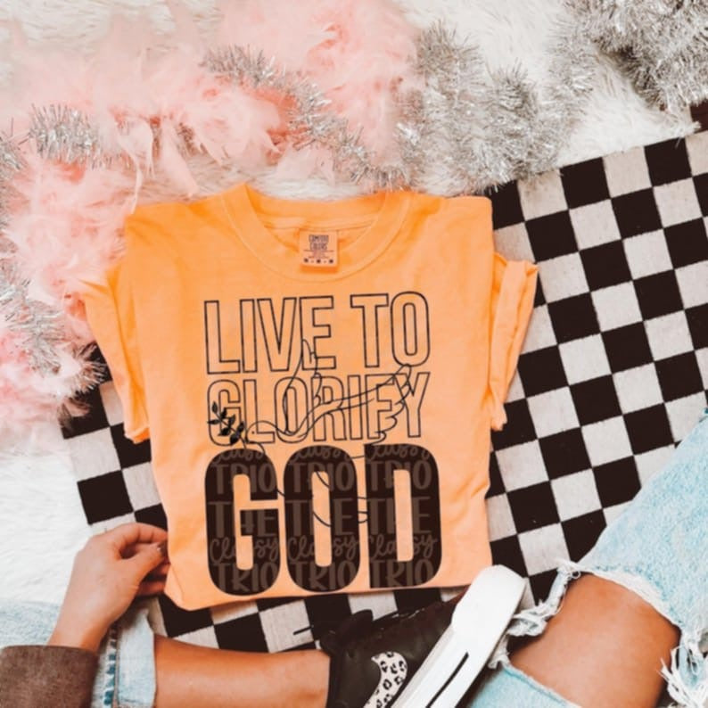Live to glorify god black font 95109 DTF transfer