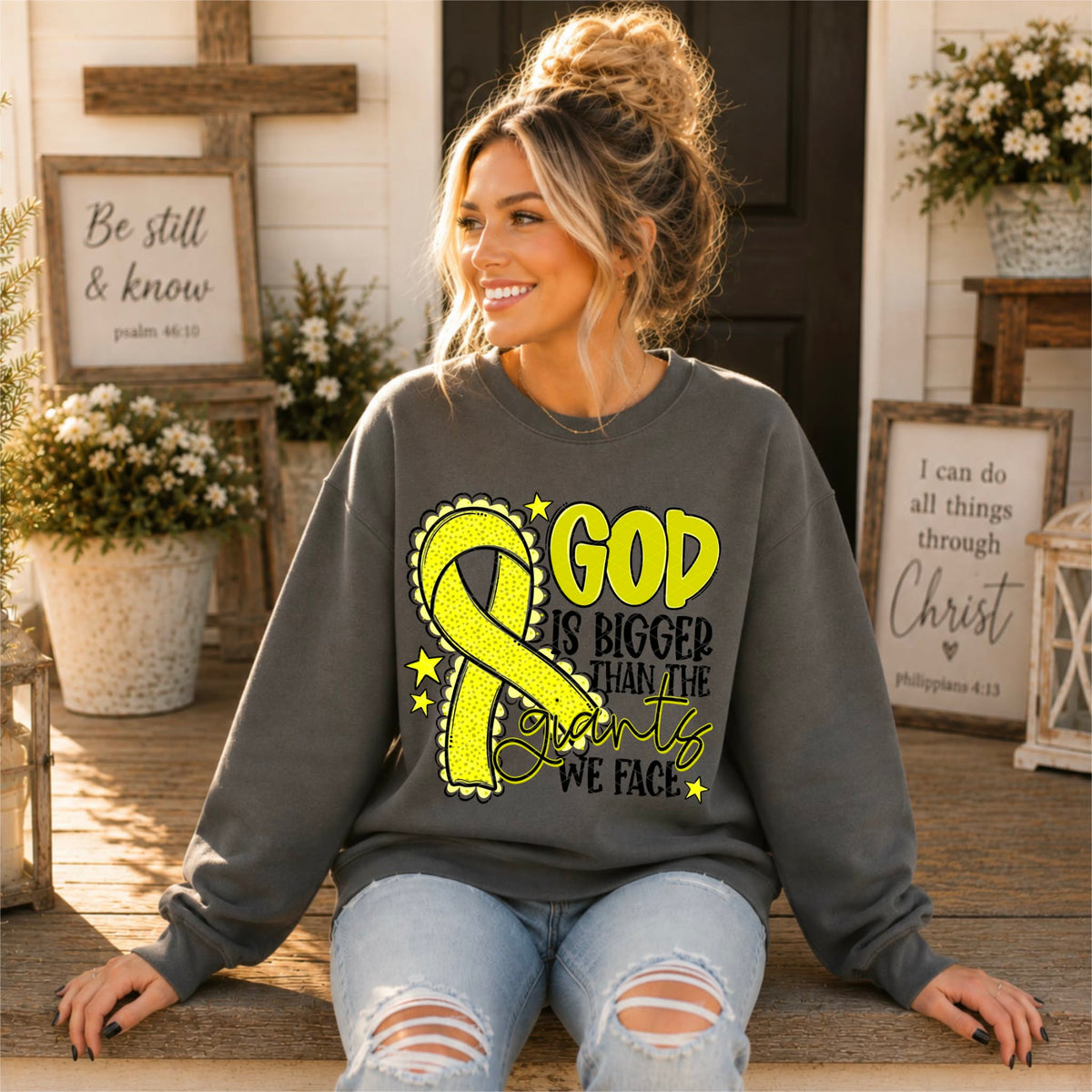 God is bigger than the giants we face YELLOW  ribbon (SDD) DTF Transfer