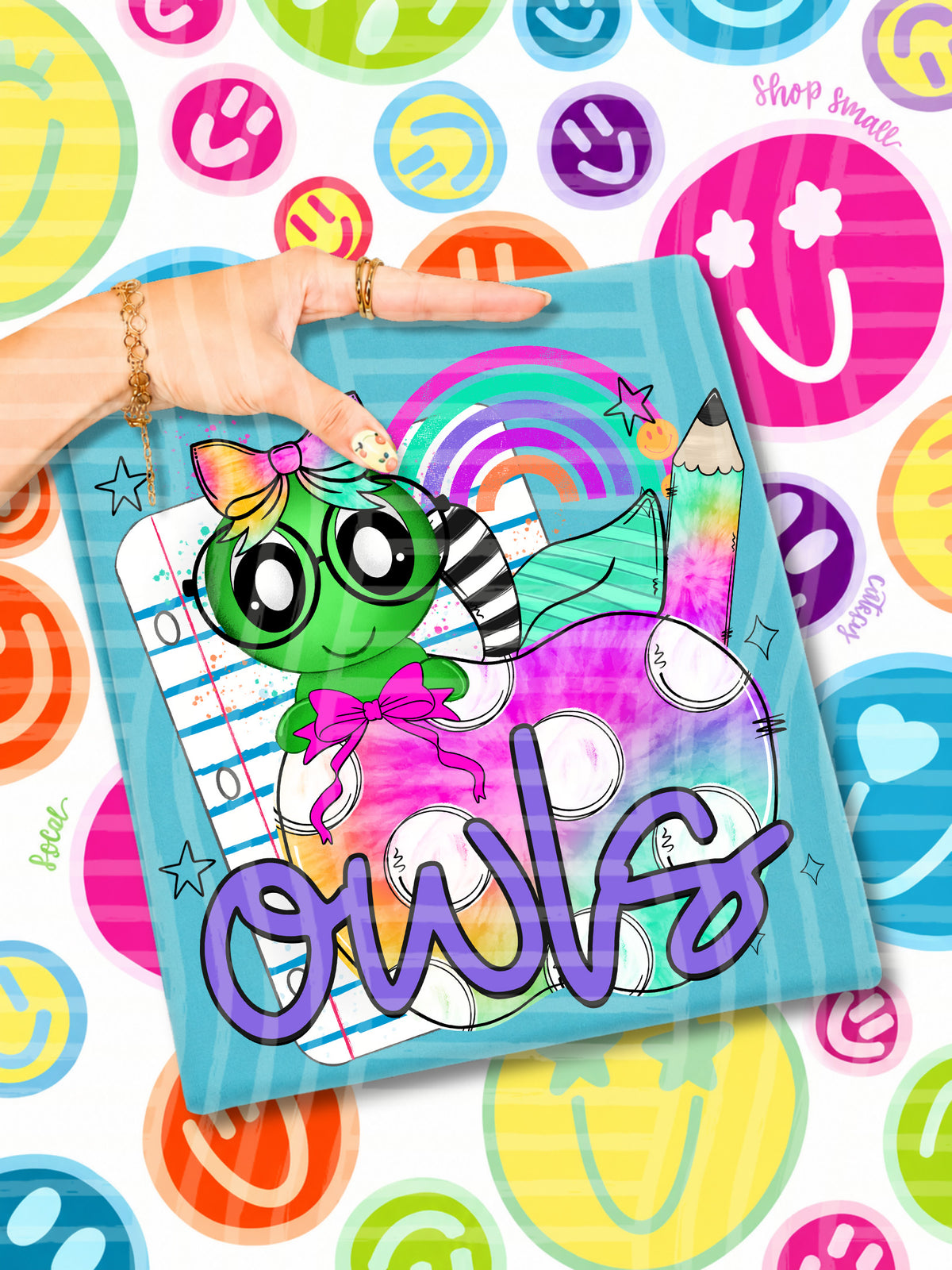 owls tie dye apple with white dots & green bug (CAPLINGER) DTF Transfer