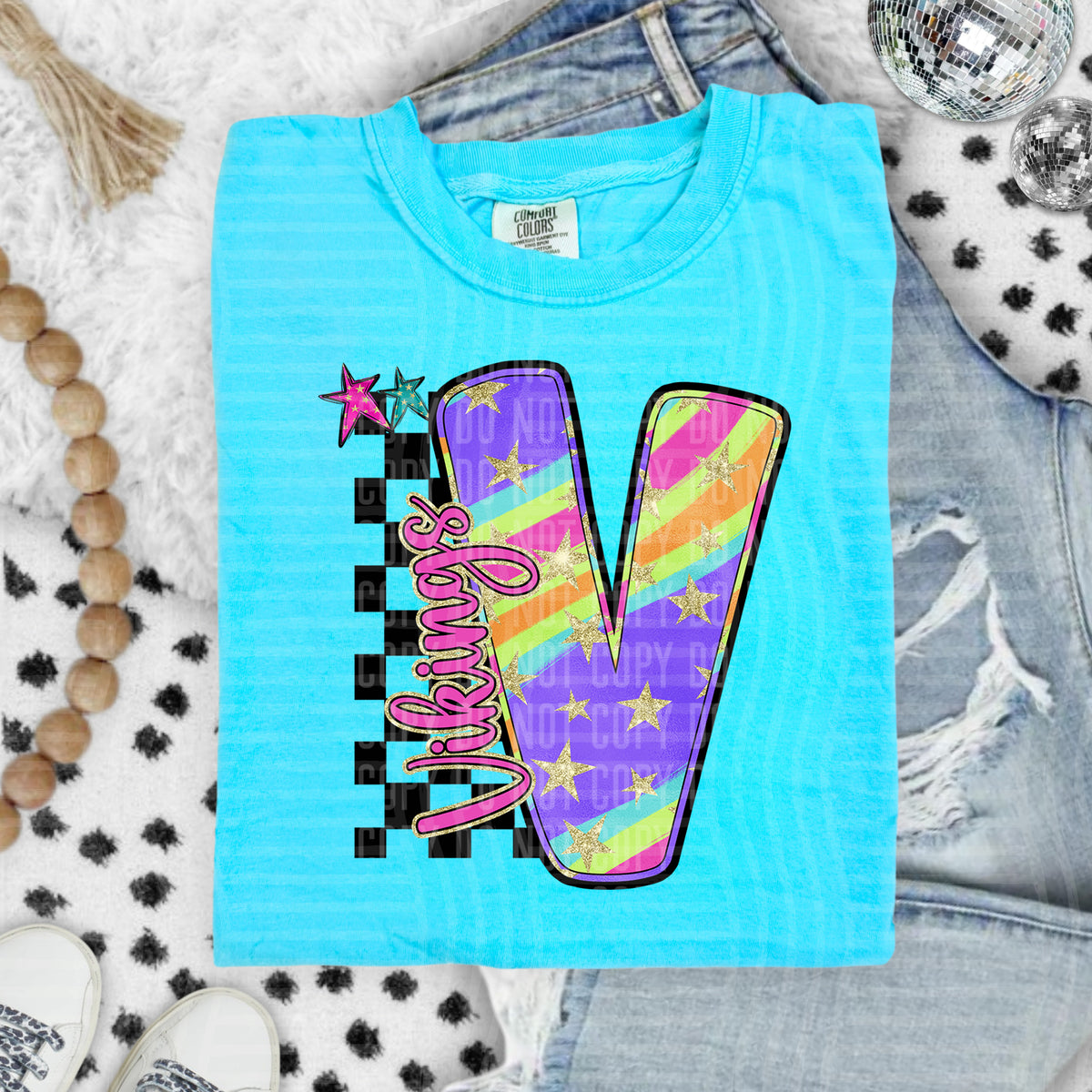 Vikings Colorful Retro Rainbow Letter V With Stars And Checker 108162 DTF transfer