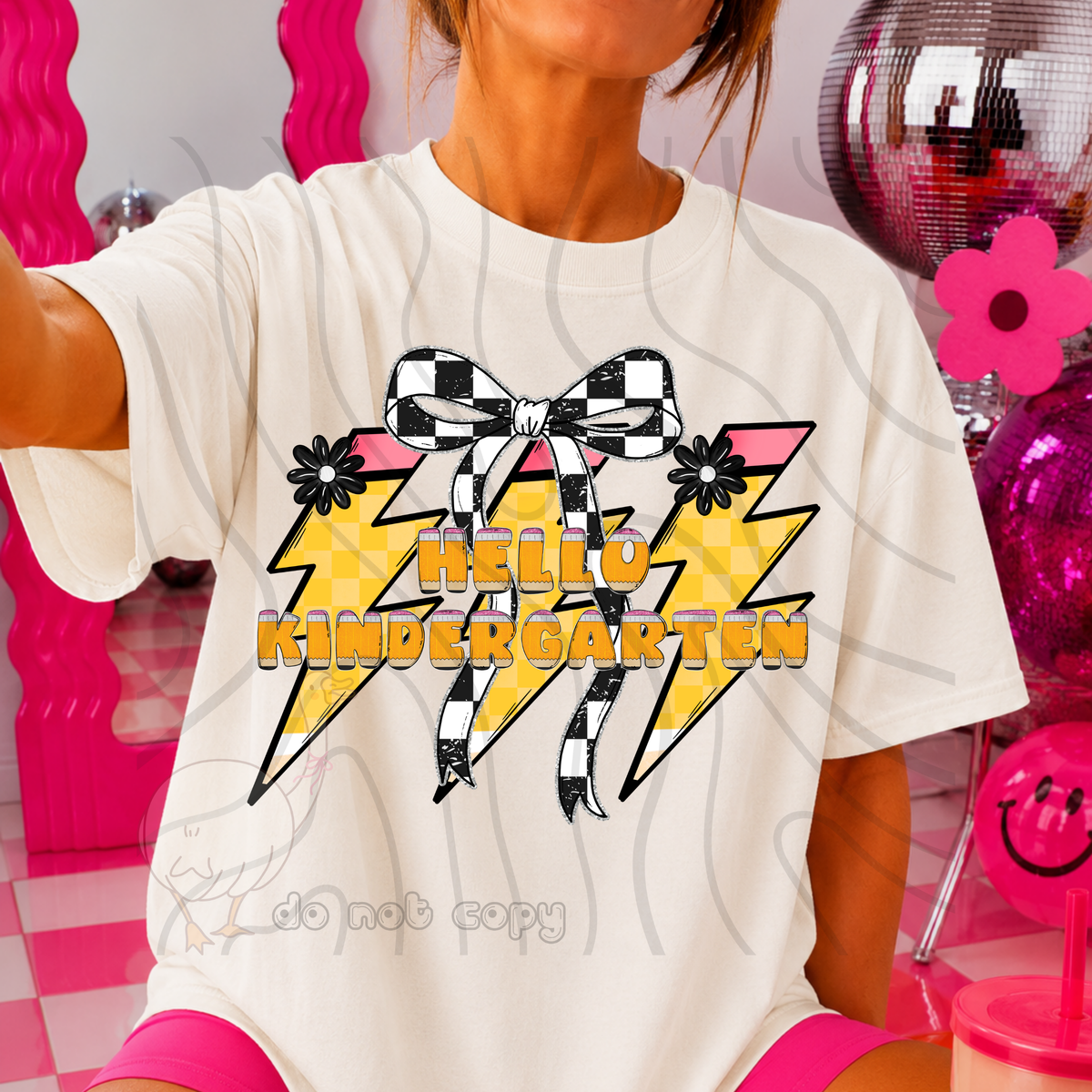 hello kindergarten 77 lightening bolt black/white bow occupation (dkdbk) DTF transfer