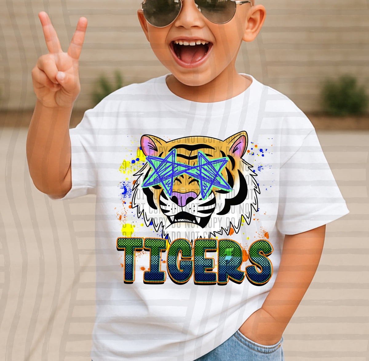 tigers paint splatter boy blue green and yellow (Caplinger) DTF Transfer