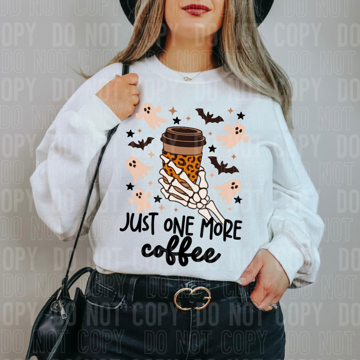 Just one More Coffee skeleton hand and bats SBB DTF transfer