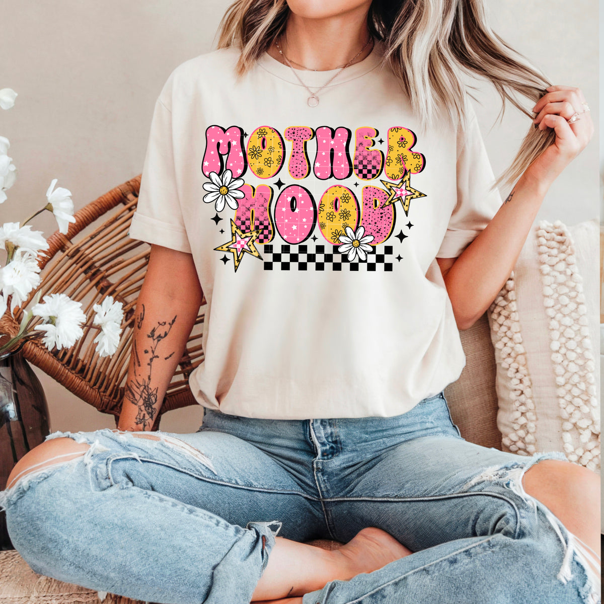 Motherhood pink and yellow letters with checker (csc) DTF transfer
