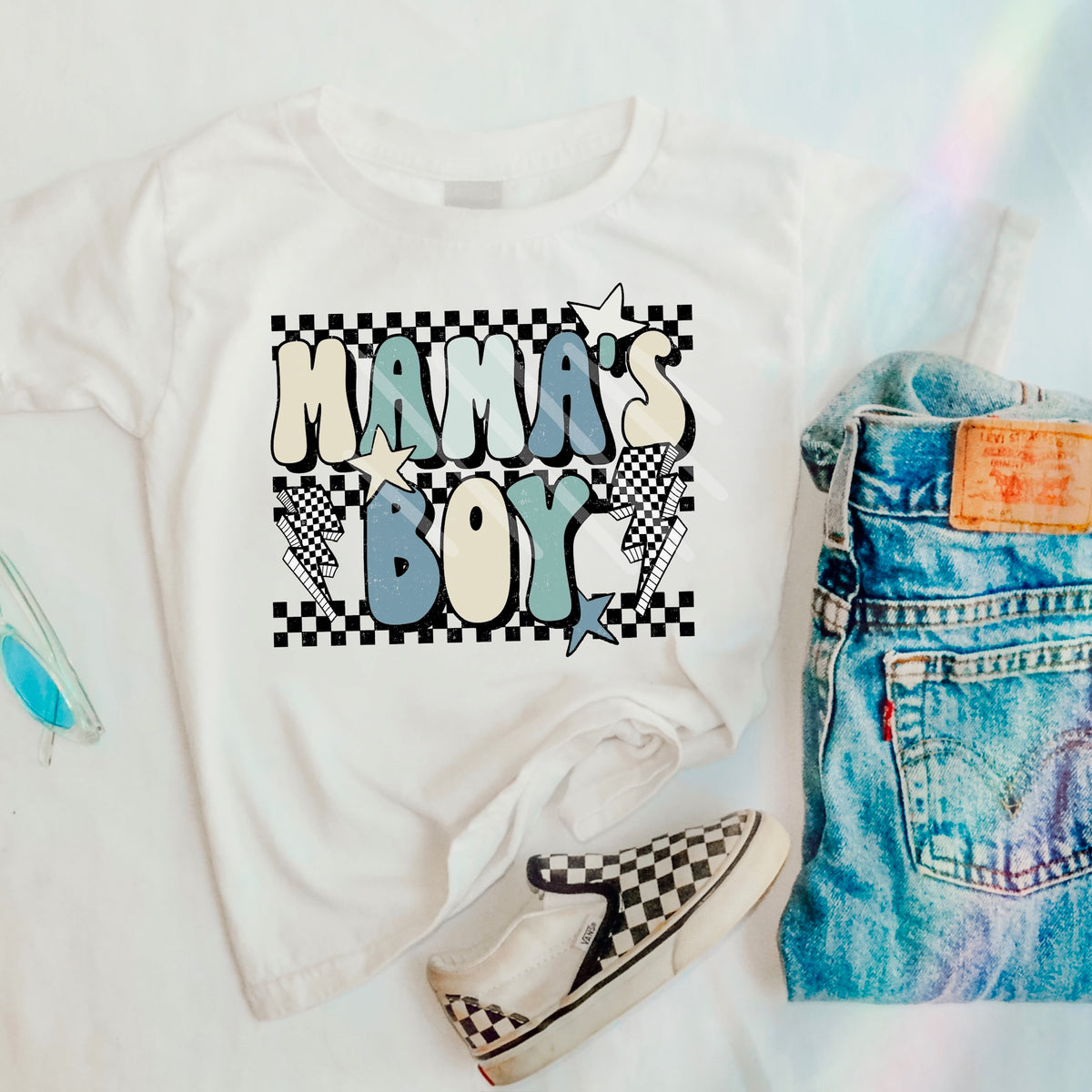 Mamas boy blue with lightning bolts and stars  (scarlow) DTF transfer