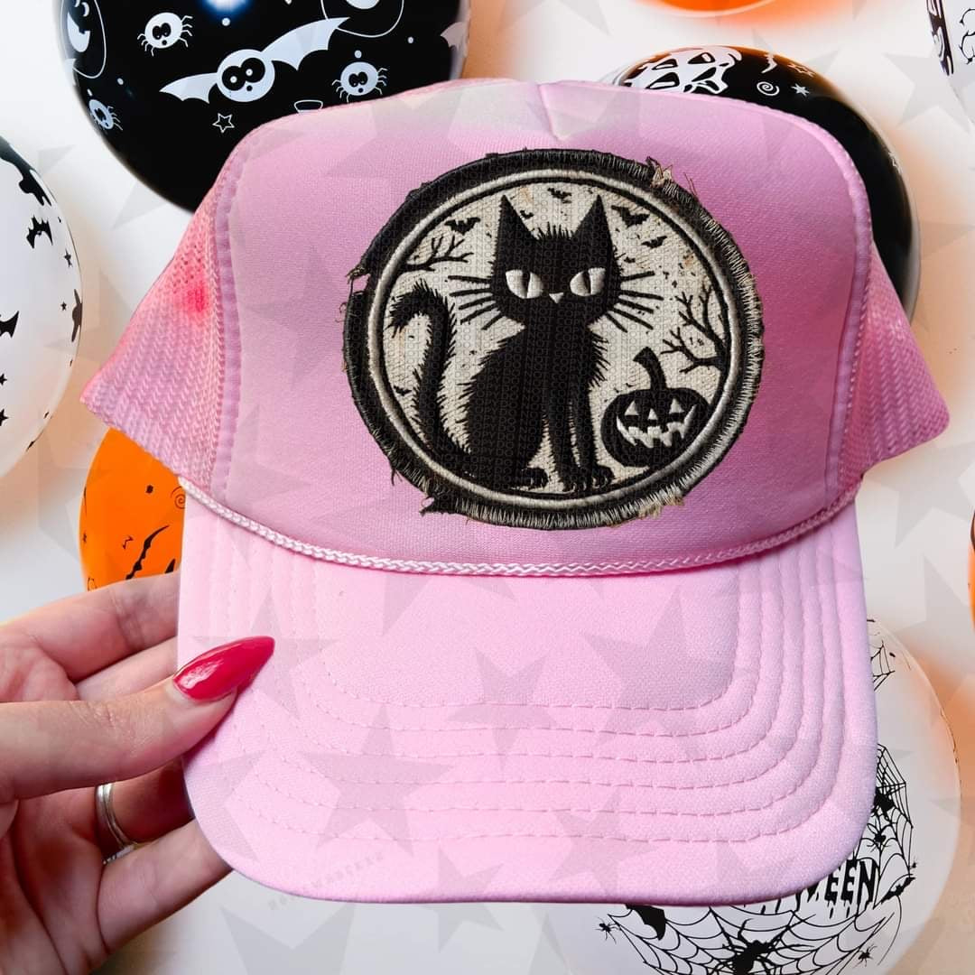Black cat circle hat patch 55088 DTF transfer