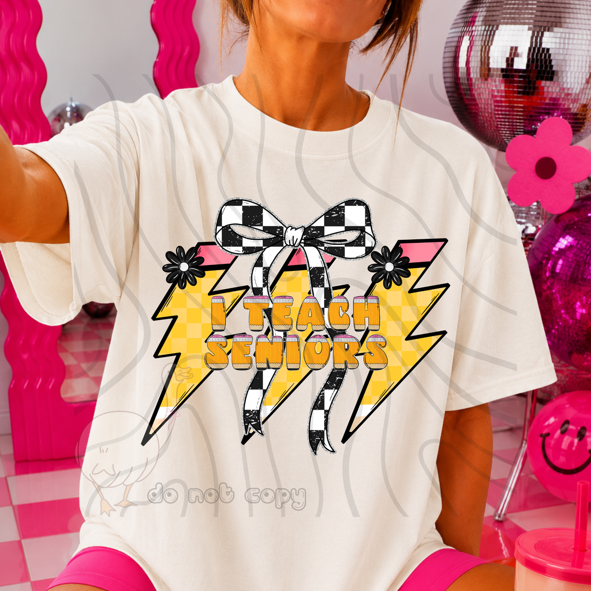 i teach seniors 78 lightening bolt black/white bow occupation (dkdbk) DTF transfer