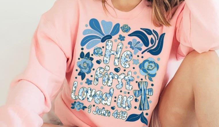 He first loved us blue floral 75967 DTF transfer
