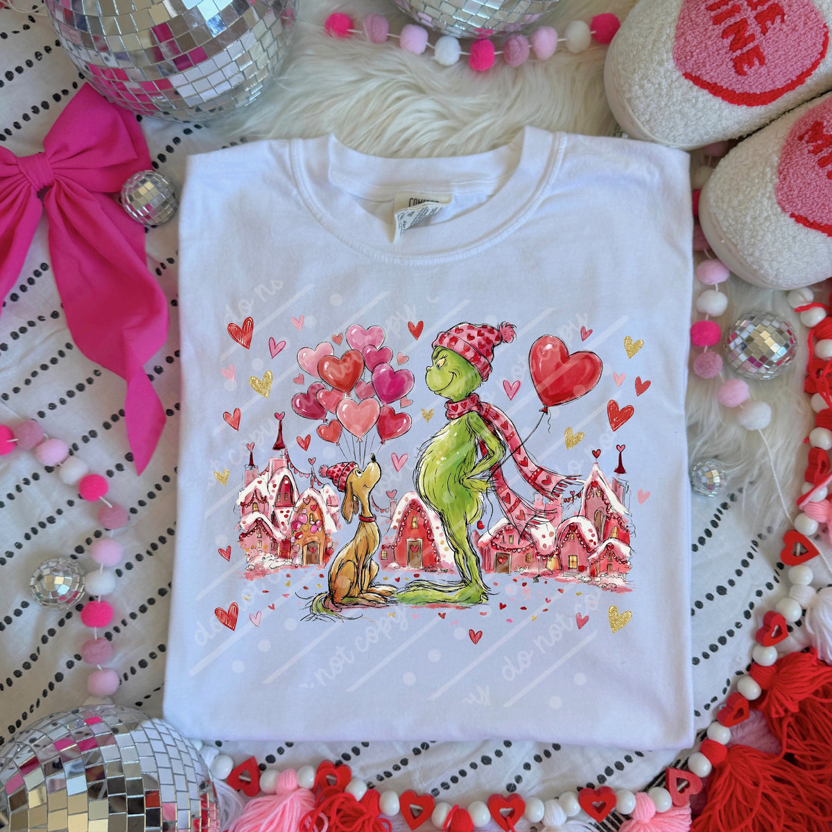 Green Guy village and heart balloons DTF transfer