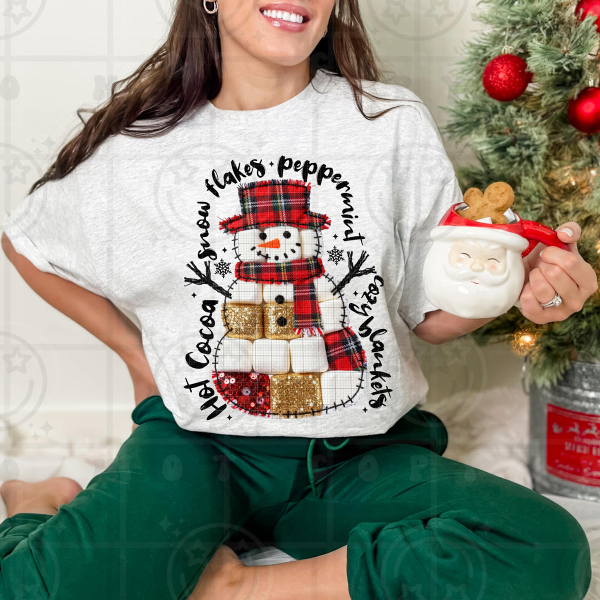Hot Cocoa Snowflakes patchwork Snowman (HW) DTF Transfer