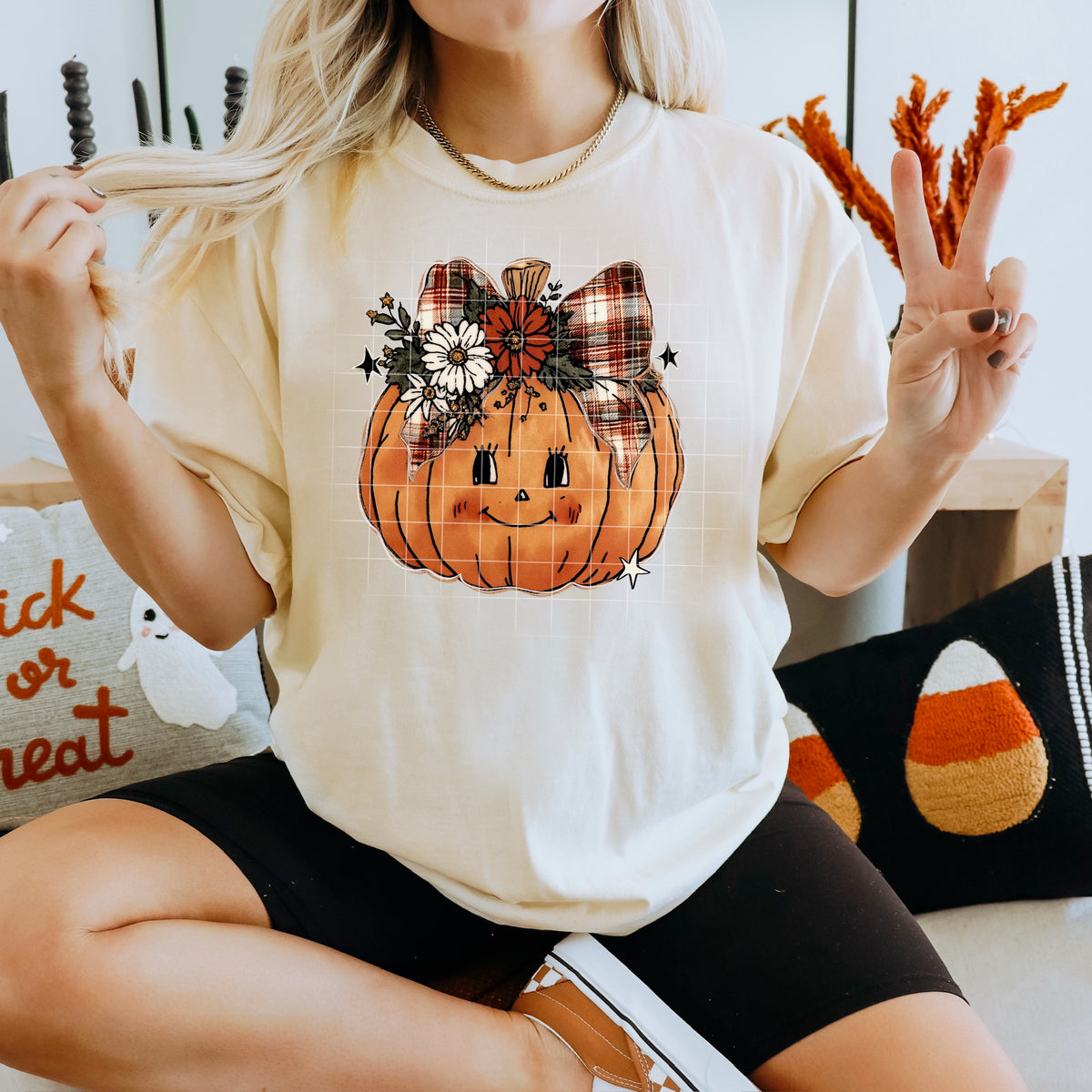 Orange Pumpkin with Floral Plaid Bow 113770 DTF transfer