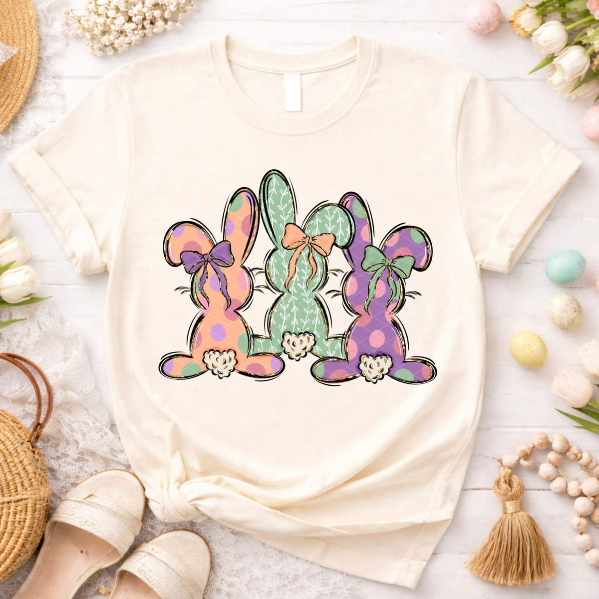 Three bunnies with bows (peach purple mint) SDD DTF transfer