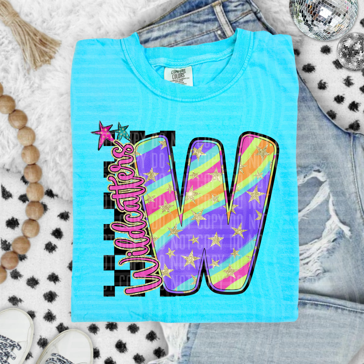 Wildcatters Colorful Retro Rainbow Letter W With Stars And Checker 108164 DTF transfer