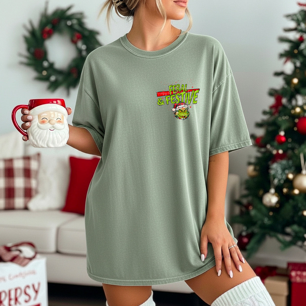 Feral festive green guy POCKET (HW) DTF transfer