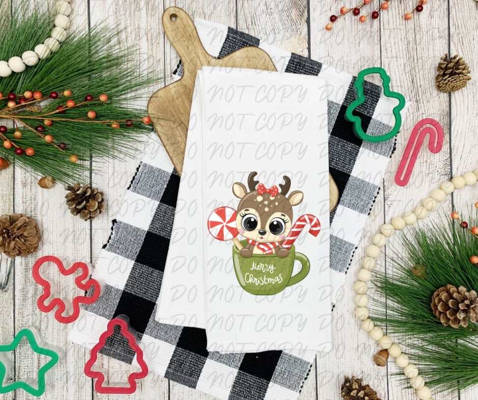 Merry Christmas reindeer in cup (VINTAGE) 64101 DTF transfer