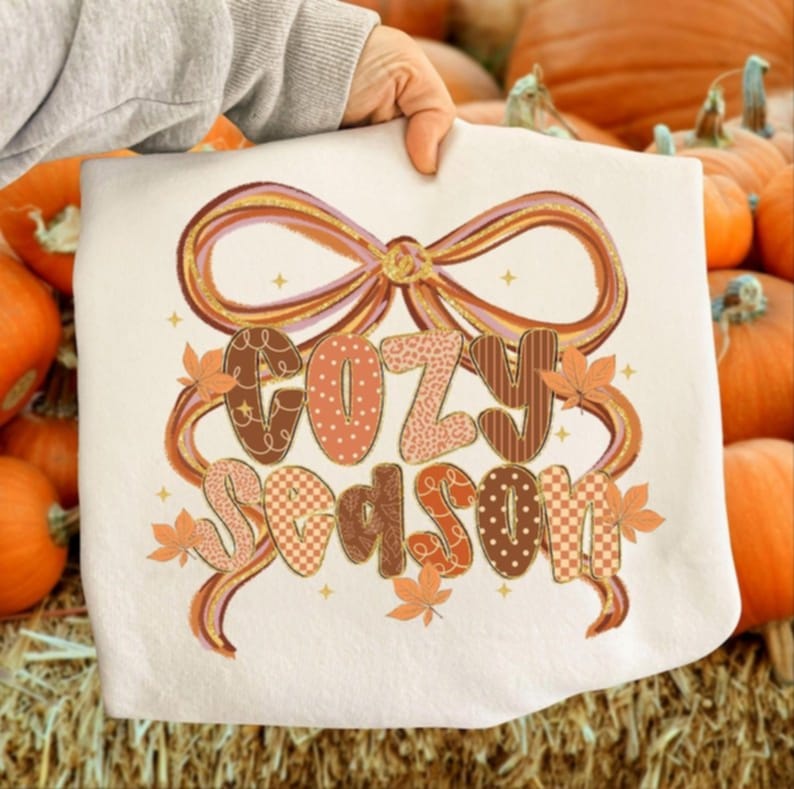 Cozy Season with patterned letters and bow  DTF transfer