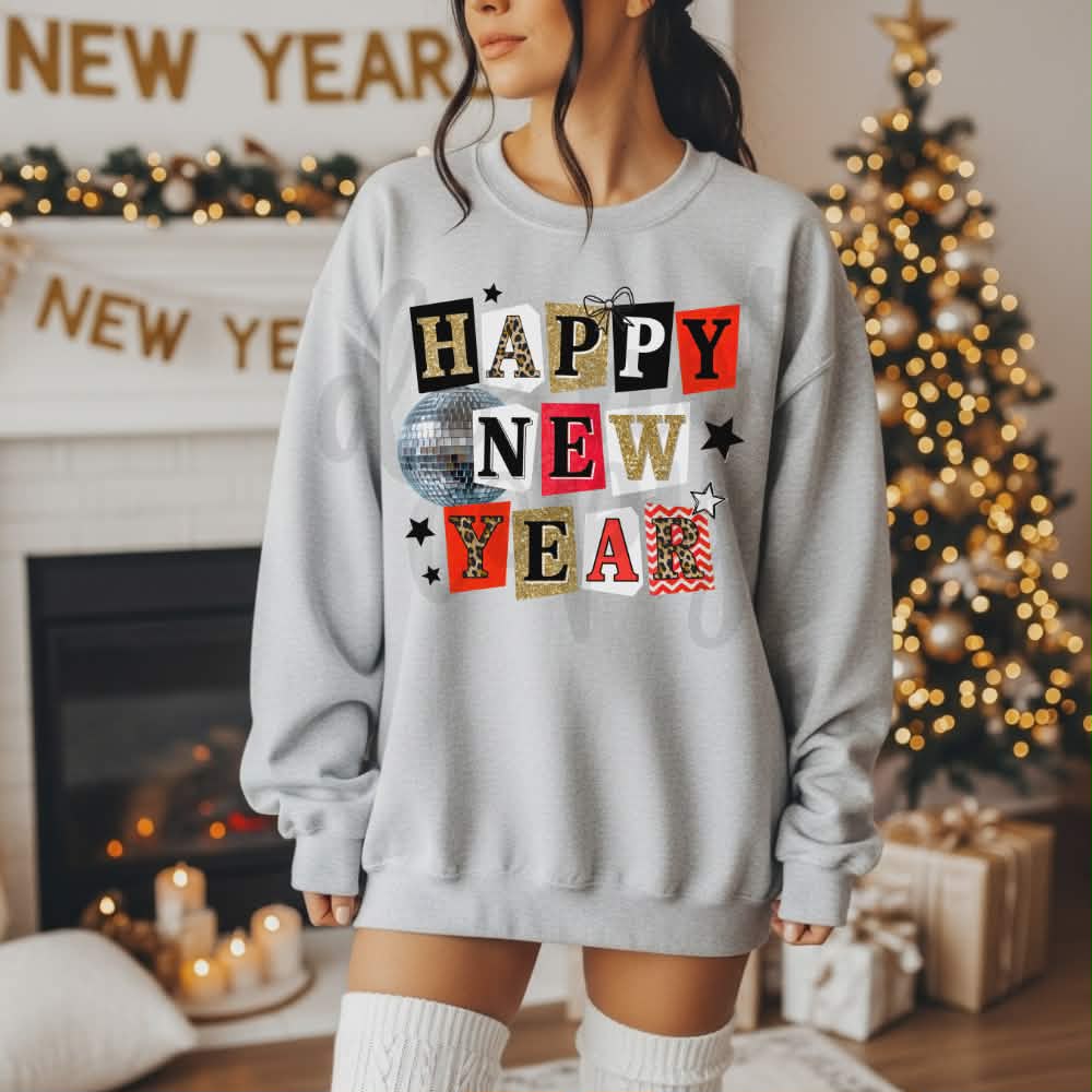 Happy New Year magazine font red (parker) DTF transfer