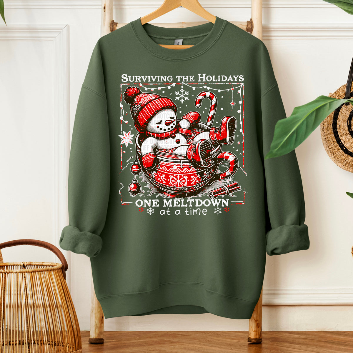 Surviving the Holidays meltdown snowman WHITE 113391 WORDS DTF transfer