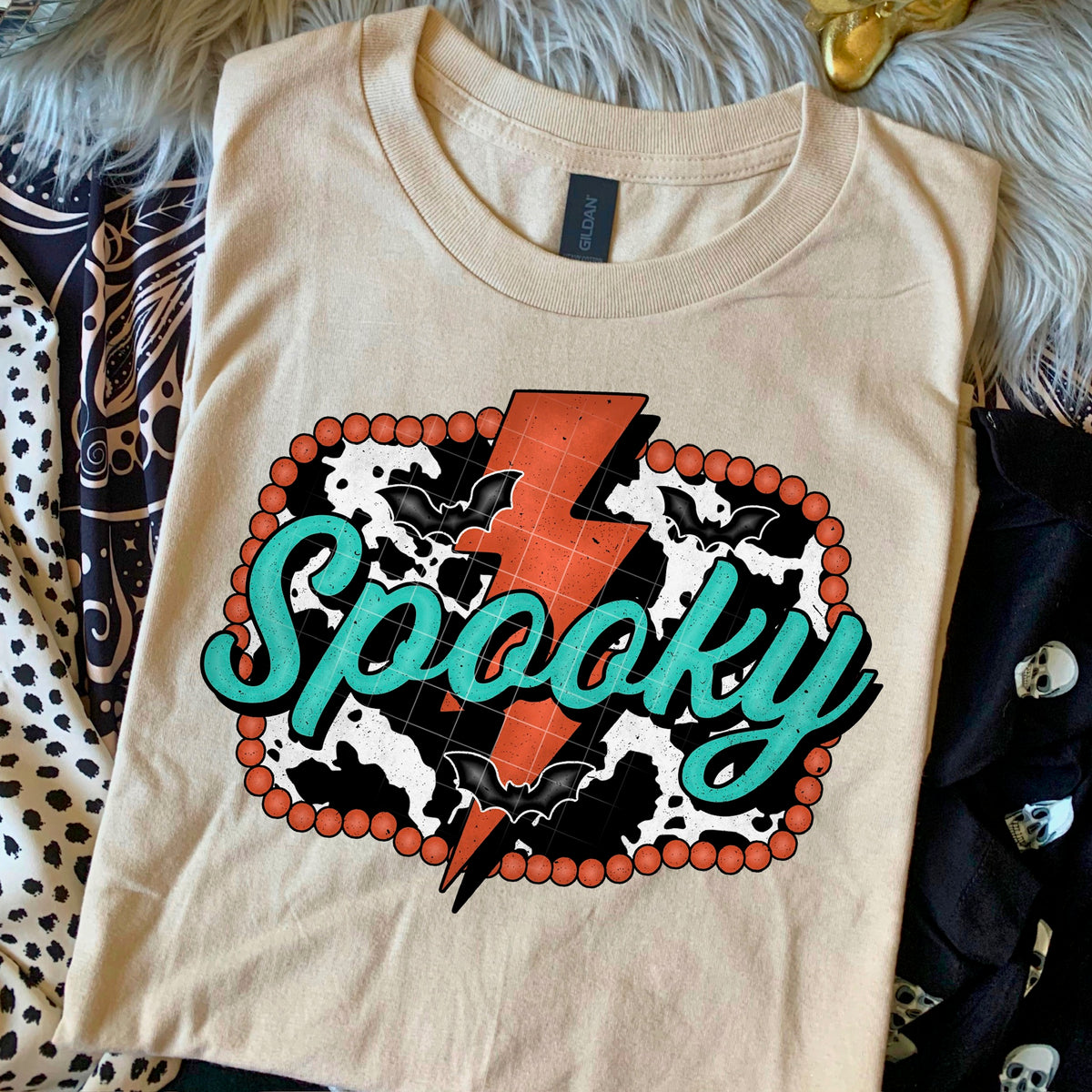Spooky with lightning bolt and cow print 110810 DTF transfer