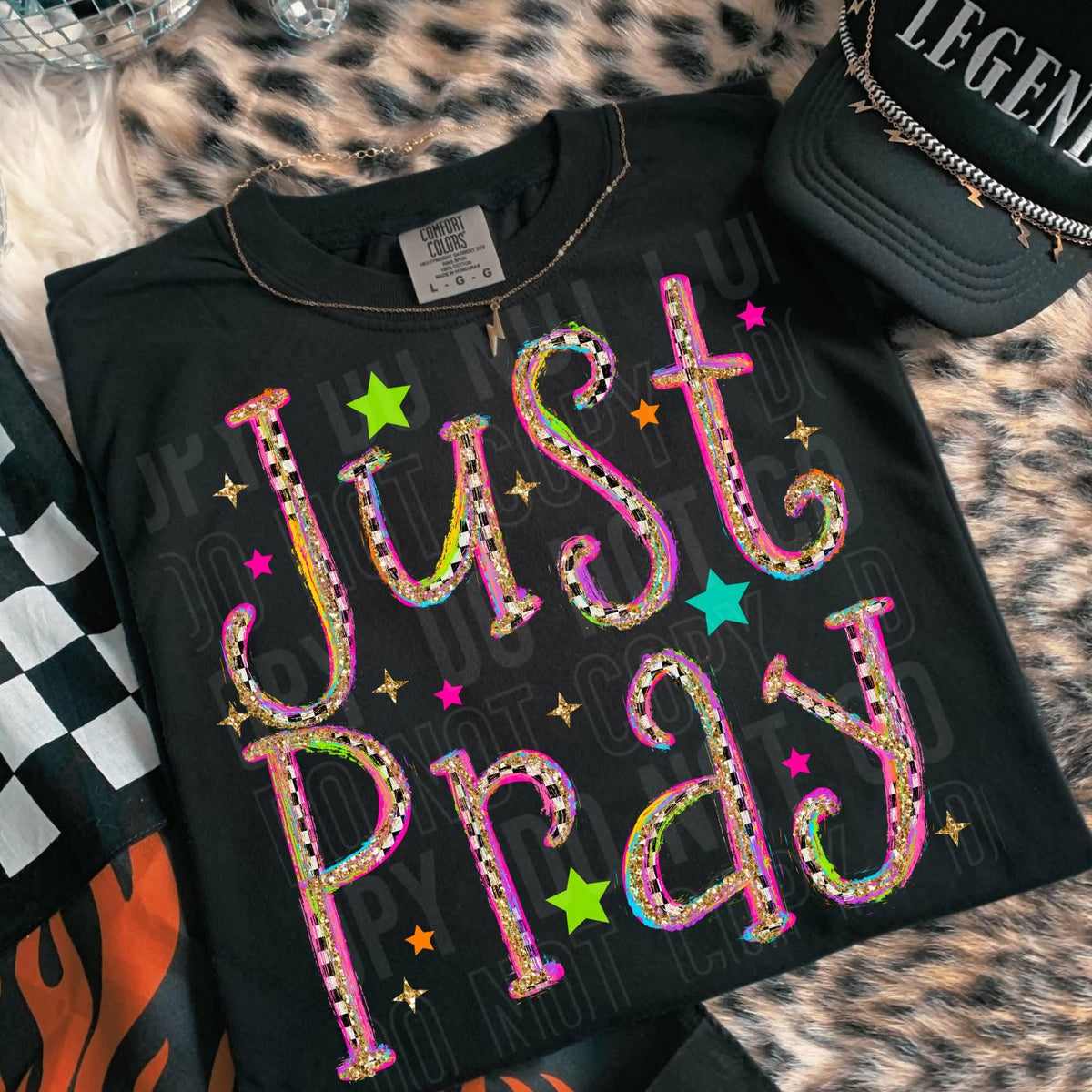 Just Pray rainbow faux glitter font Sunday Special DTF transfer