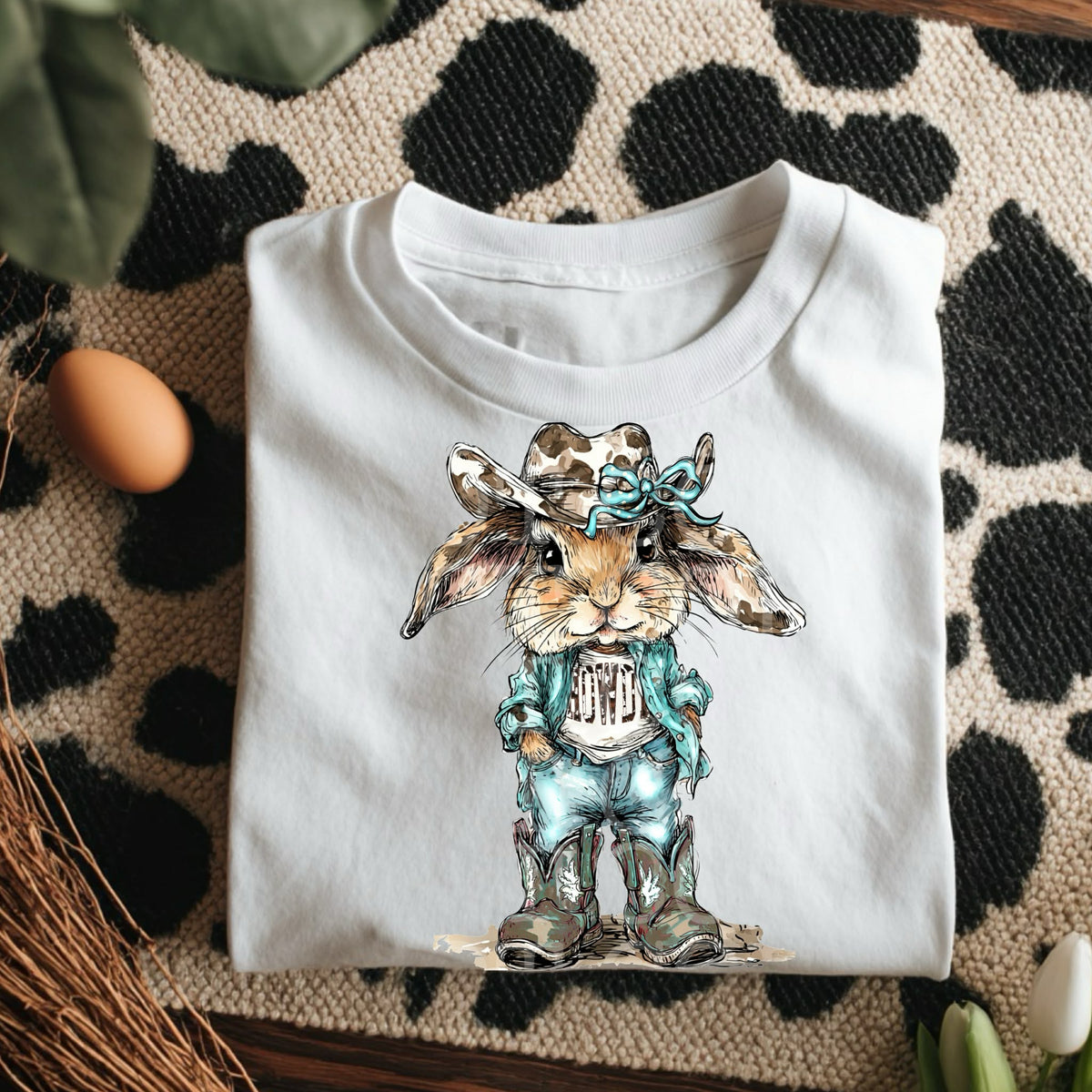 Western girl bunny with hat and blue bow (c’s) DTF TRANSFER